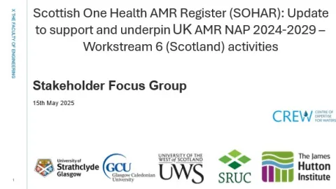 Stakeholder focus group for Scottish One Health AMR Register (SOHAR): Update project Project title: Scottish One Health AMR Register (SOHAR): Update to support and underpin UK AMR NAP 2024-2029 - Workstream 6 (Scotland) activities, Stakeholder Focus Group, with logos for University of Strathclyde, Glasgow Caledonian University, University of the West of Scotland, Scotland's Rural College and The James Hutton Institute