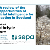 Project title with University of Strathclyde, CREW and SEPA logos displayed below. An image of a flooded river flowing past houses is to the right of the text