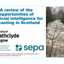 Project title with University of Strathclyde, CREW and SEPA logos displayed below. An image of a flooded river flowing past houses is to the right of the text
