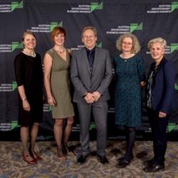 OHBP co-founders Rachel Helliwell (CREW), Sharon Pfleger (NHS Highland), Stuart Gibb (Environmental Research Institute-University of the Highlands and Islands), Bess Homer (Scottish Water), and Lindsey Green (SEPA) at the Scottish Environment Business VIBES awards ceremony.  