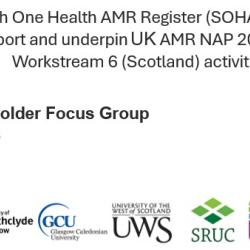 Project title: Scottish One Health AMR Register (SOHAR): Update to support and underpin UK AMR NAP 2024-2029 - Workstream 6 (Scotland) activities, Stakeholder Focus Group, with logos for University of Strathclyde, Glasgow Caledonian University, University of the West of Scotland, Scotland's Rural College and The James Hutton Institute