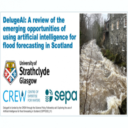 Project title with University of Strathclyde, CREW and SEPA logos displayed below. An image of a flooded river flowing past houses is to the right of the text Project title with University of Strathclyde, CREW and SEPA logos displayed below. An image of a flooded river flowing past houses is to the right of the text